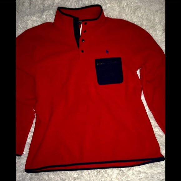Ralph Lauren Polo Red/Navy Polo Fleece Mock Pullover Snap Up Collar LG&XL - Picture 1 of 12
